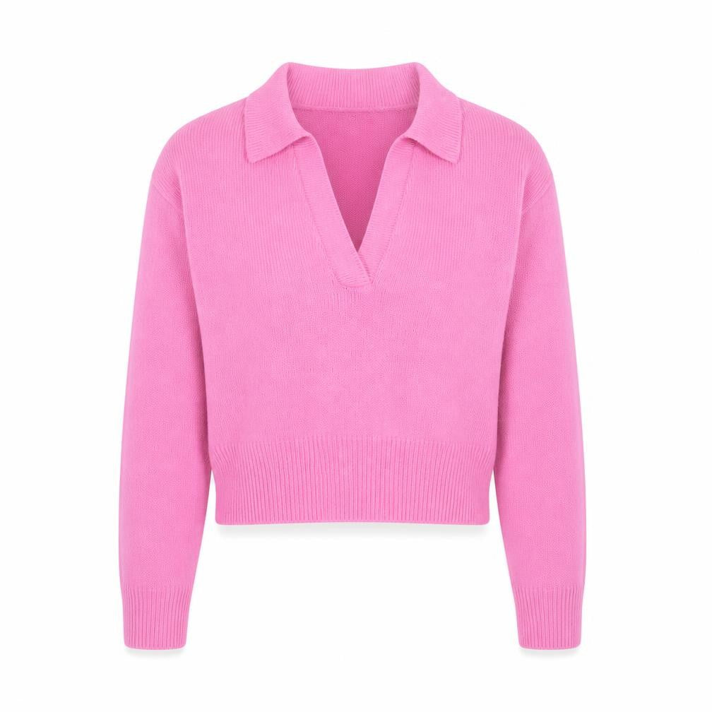 Front view of H&M women’s pink collared acrylic jumper, size S
