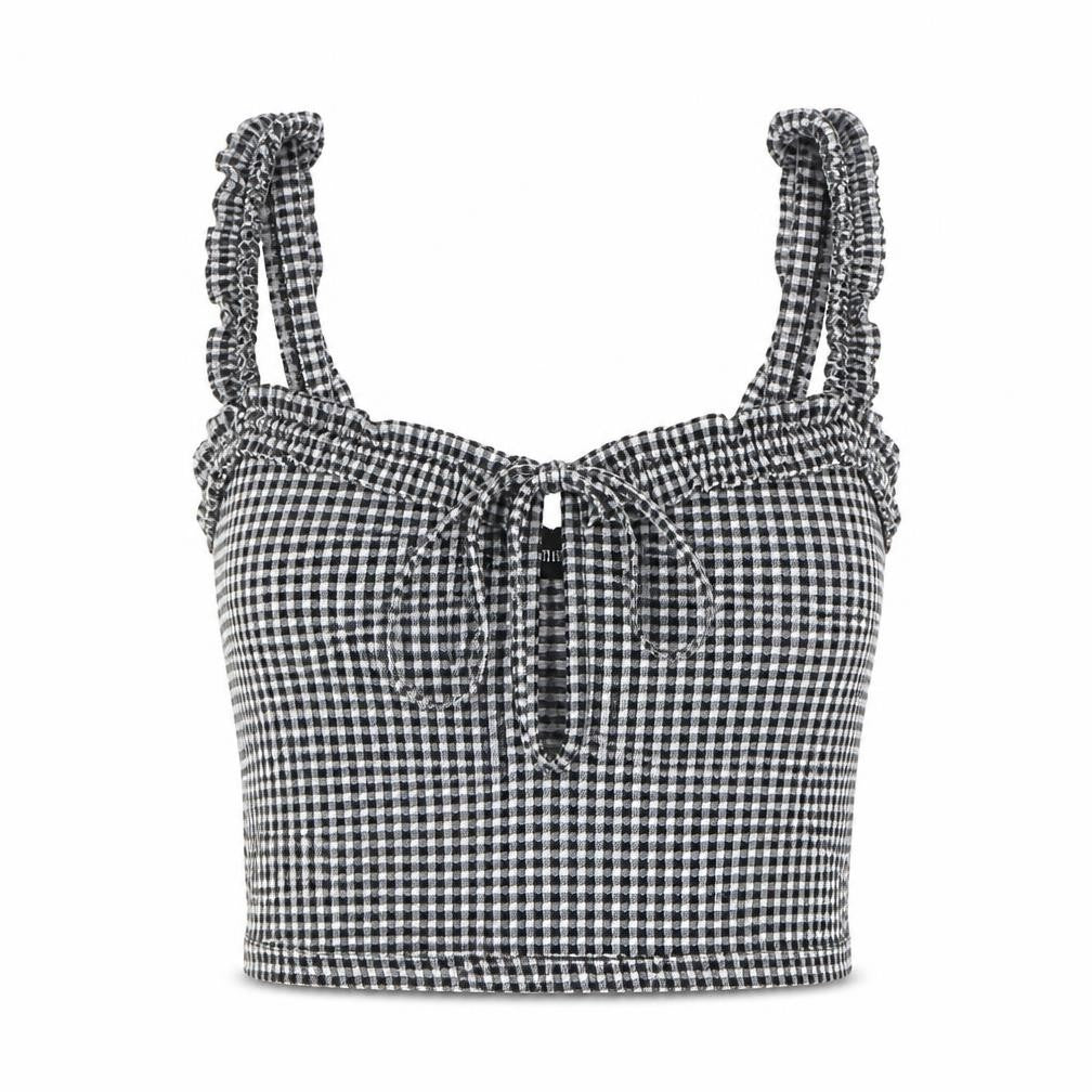 Front view of PRETTYLITTLETHING women’s black check polyester cropped t-shirt, size UK 10, square neck