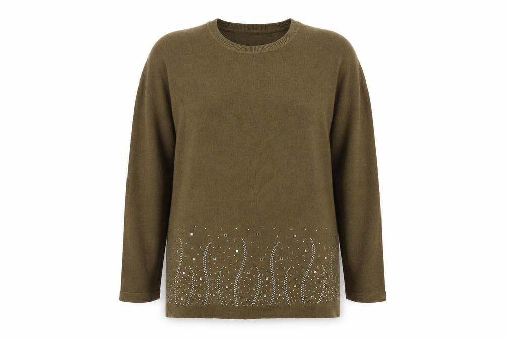 Front view of M&Co women’s brown crew neck nylon jumper, size M
