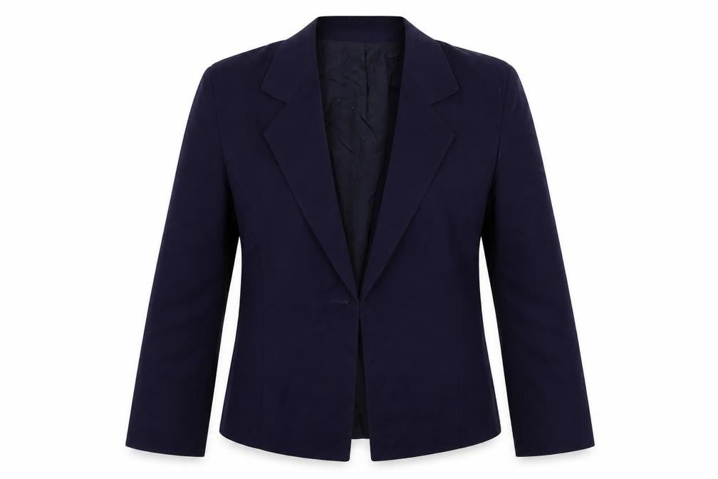Front view of Equation women’s blue polyester jacket blazer, size UK 12