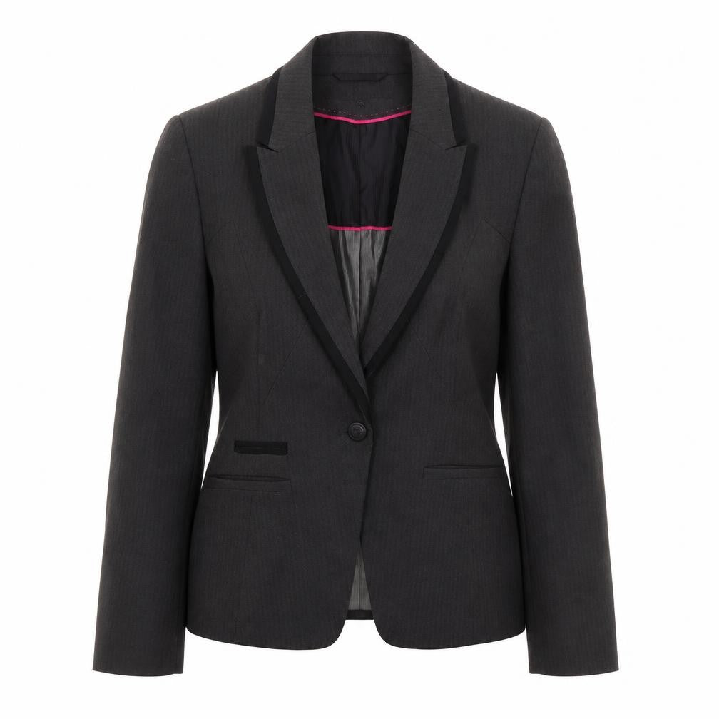 Front view of Next women’s grey striped polyester jacket suit jacket, size UK 12