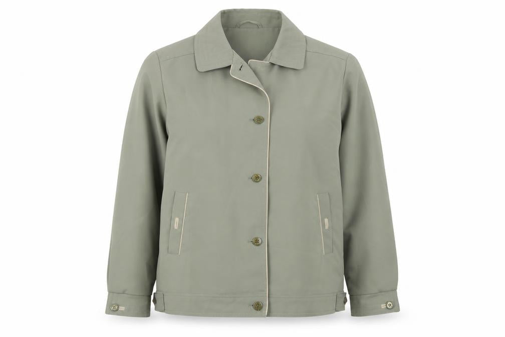 Front view of David Barry women’s green jacket, size UK 14, button