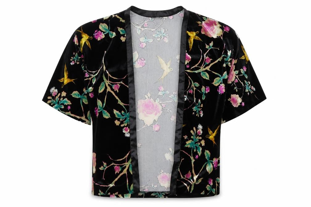 Front view of M&Co women’s black floral jacket, size UK 10