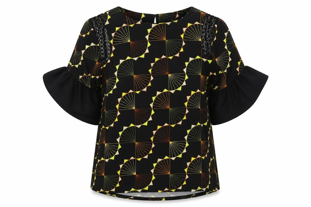 Front view of Next women’s black geometric polyester basic blouse, size UK 8, round neck