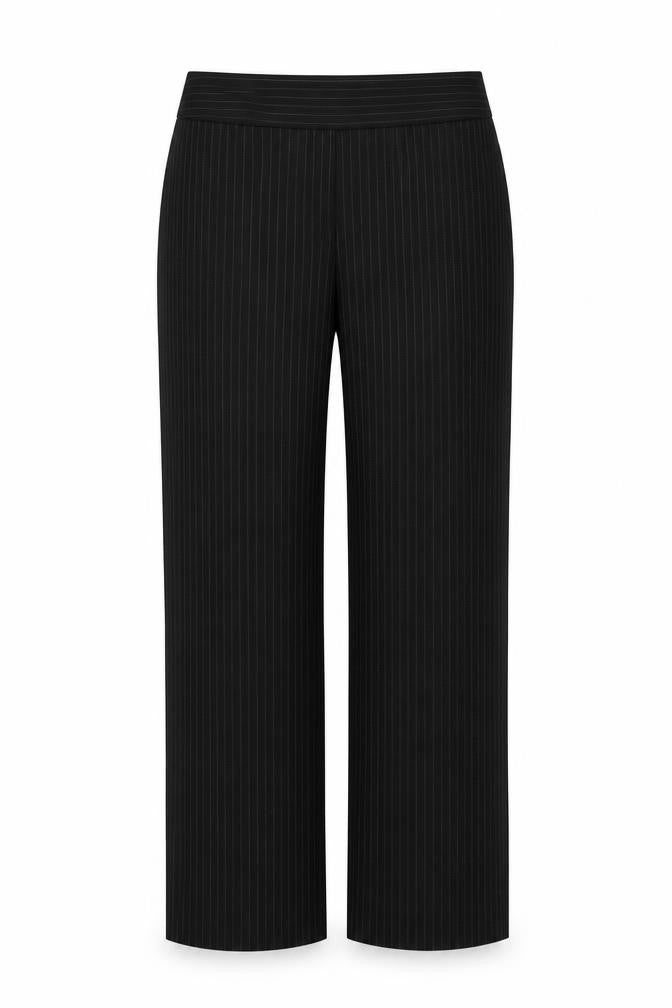 Front view of Evie women’s black striped polyester trousers, size UK 12, 28-inch leg regular hook & eye