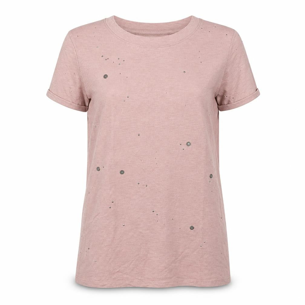 Front view of Next women’s pink cotton basic t-shirt, size UK 8, round neck - hole pattern detail