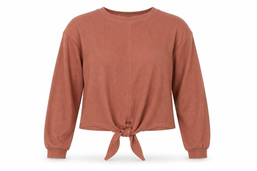 Front view of Primark women’s brown polyester jersey t-shirt, size UK 6, round neck