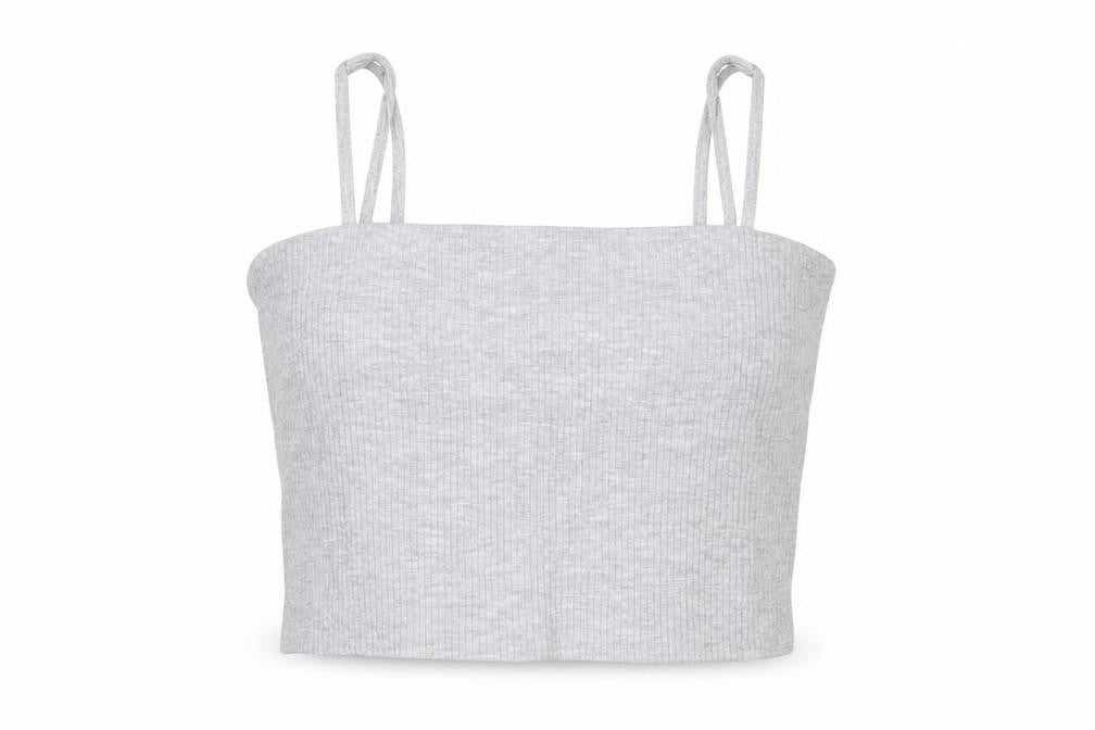Front view of FACTORIE women’s grey viscose cropped tank, size S, square neck