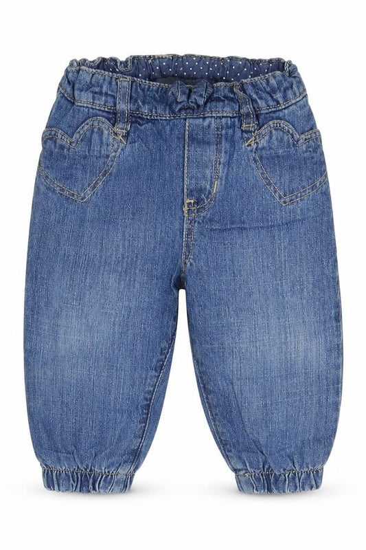 Front view of H&M Baby Blue Cotton Track Pants Jeans, size 6-9, Months Pullover