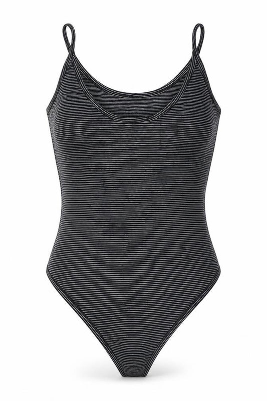 Front view of Atmosphere women’s black striped cotton bodysuit one-piece, size UK 12, button