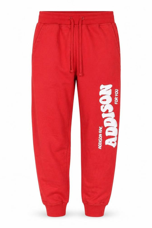 Front view of Addison Lee men’s red cotton sweatpants, size S, 26-inch leg regular tie