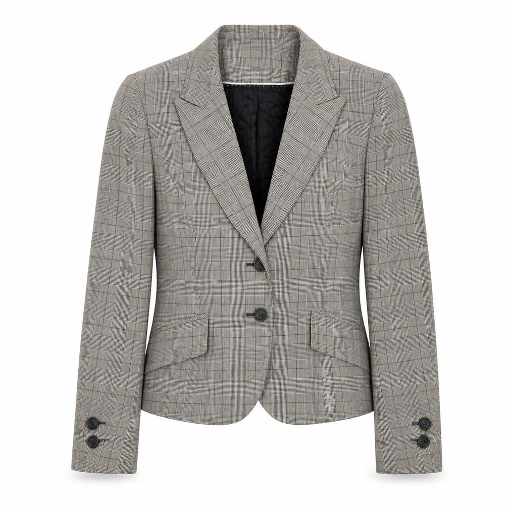 Front view of Marks & Spencer women’s brown plaid polyester jacket suit jacket, size UK 14