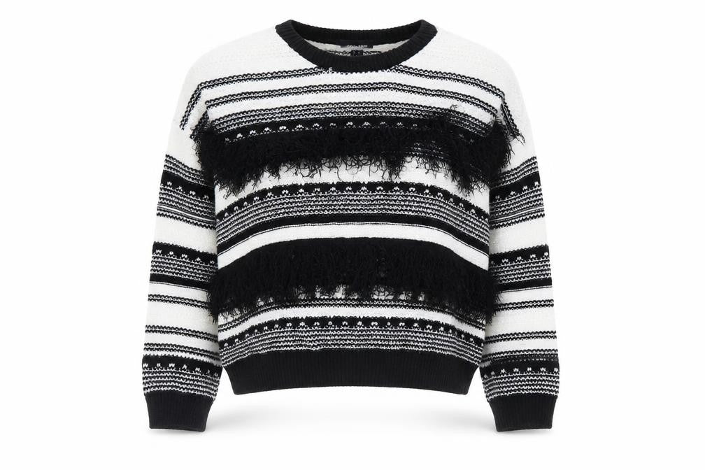 Front view of New Look women’s black round neck striped acrylic jumper, size M
