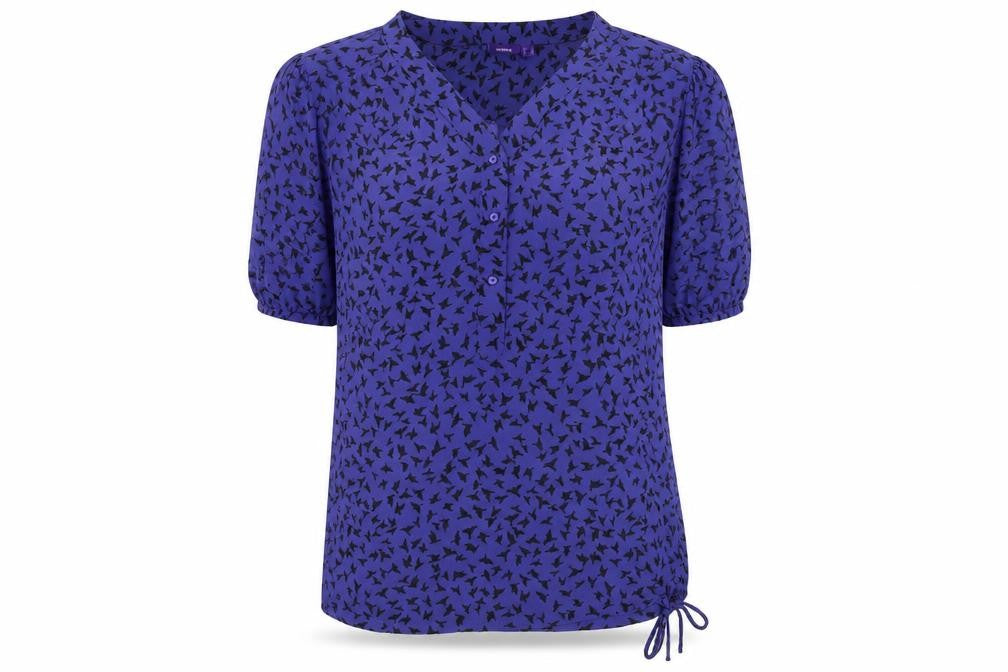 Front view of Mexx women’s purple geometric polyester basic blouse, size UK 12, v-neck