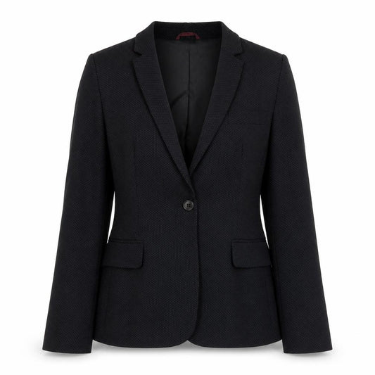 Front view of Next women’s black polka dot polyester jacket suit jacket, size UK 12