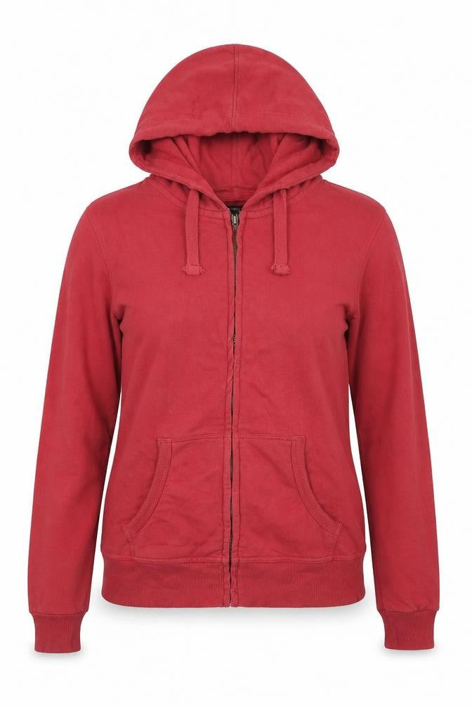 Front view of Pull&Bear Pull and Bear women’s red cotton full zip hoodie, size S, zip