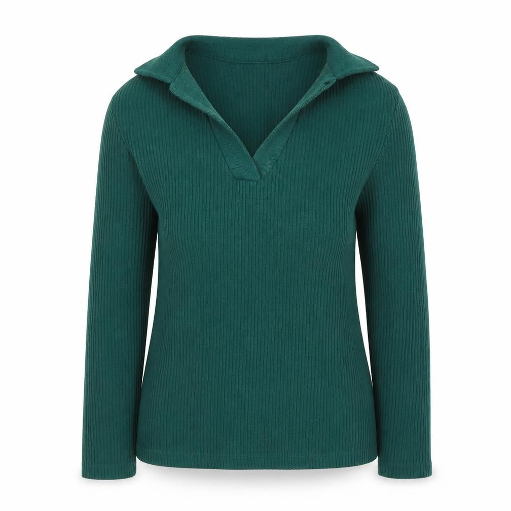 Front view of Dunnes women’s green v-neck polyester jumper, size XS