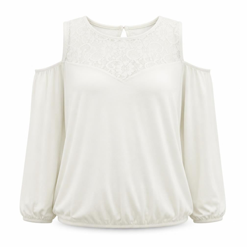 Front view of Lipsy women’s ivory viscose basic blouse, size UK 12, round neck
