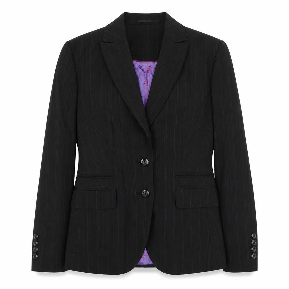 Front view of Brook Taverner women’s black striped polyester jacket suit jacket, size UK 6