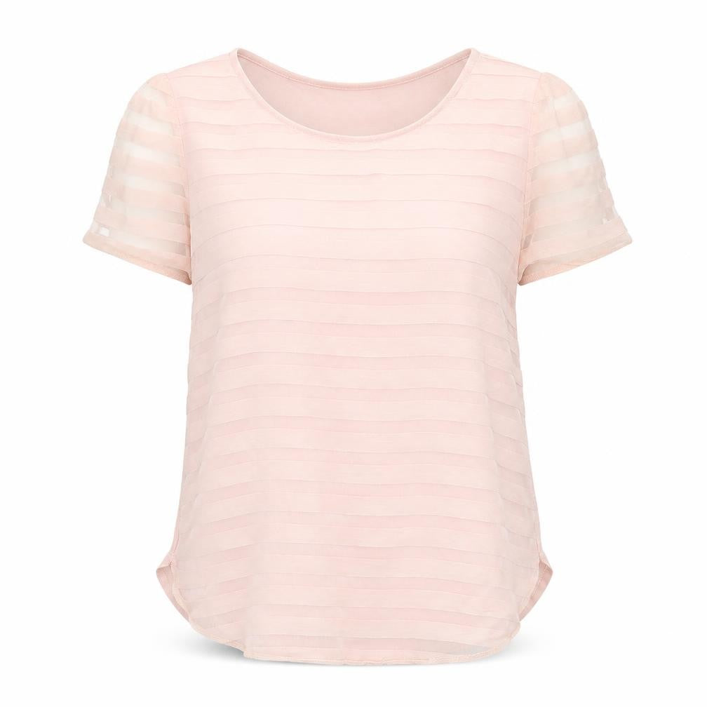 Front view of F&F women’s pink striped polyester basic blouse, size UK 6, round neck