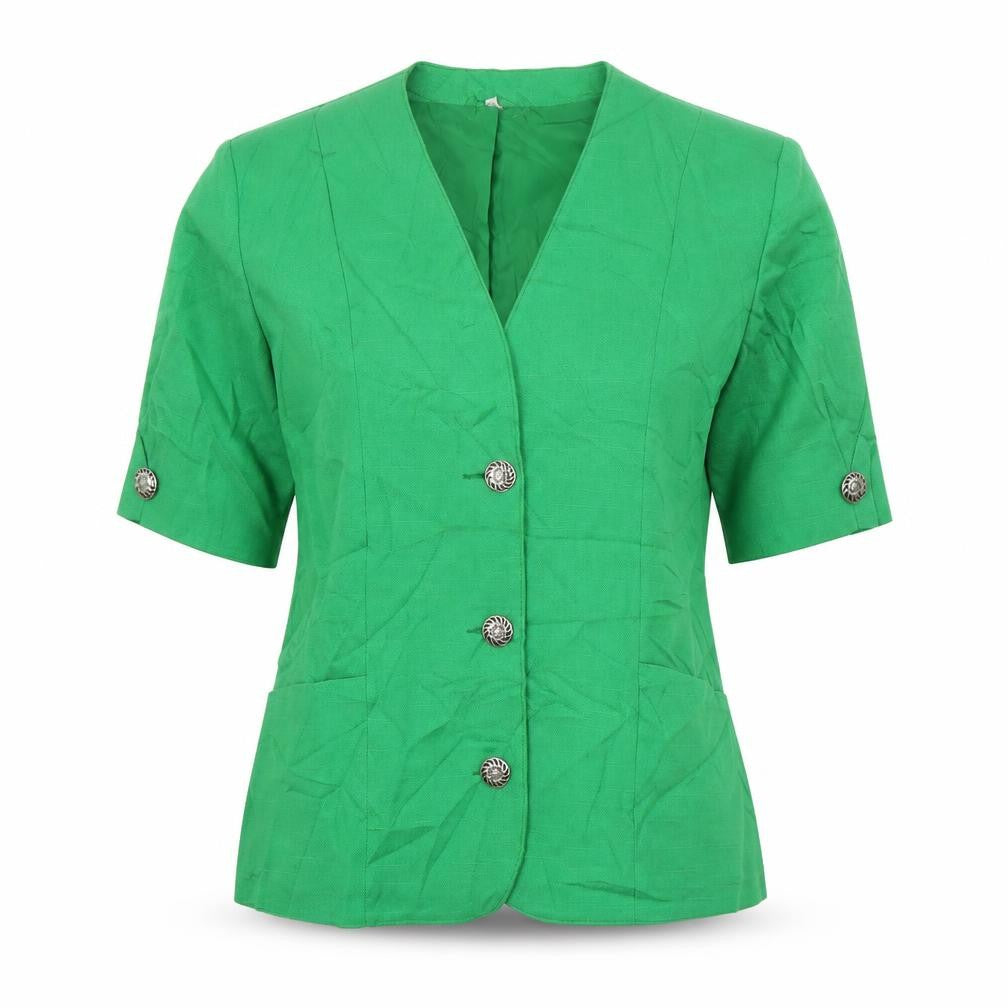 Front view of Preworn women’s green jacket, size UK 12, button