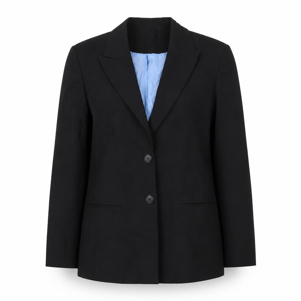 Front view of JDV women’s black polyester jacket suit jacket, size UK 12