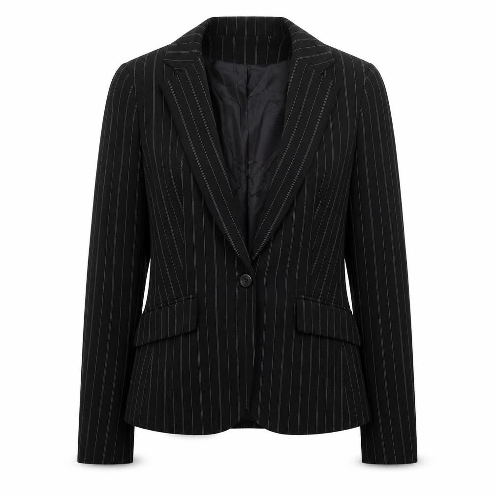 Front view of Pilot women’s black striped polyester jacket suit jacket, size UK 12