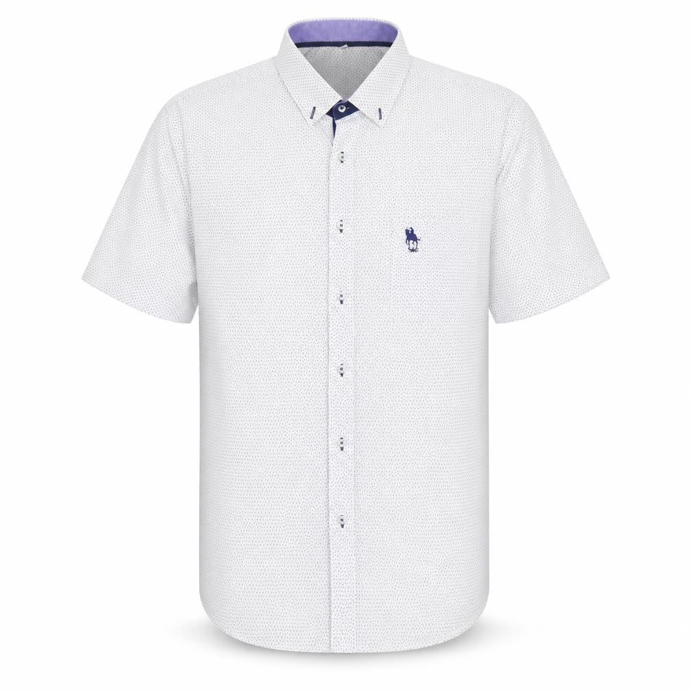 Front view of S&C men’s white geometric polyester button-up, size L, collared button