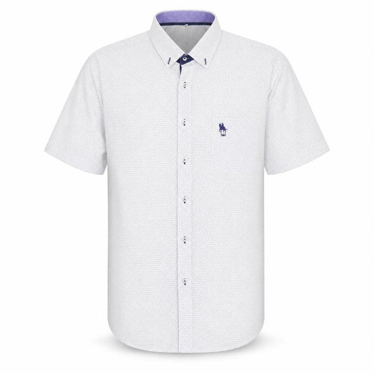 Front view of S&C men’s white geometric polyester button-up, size L, collared button