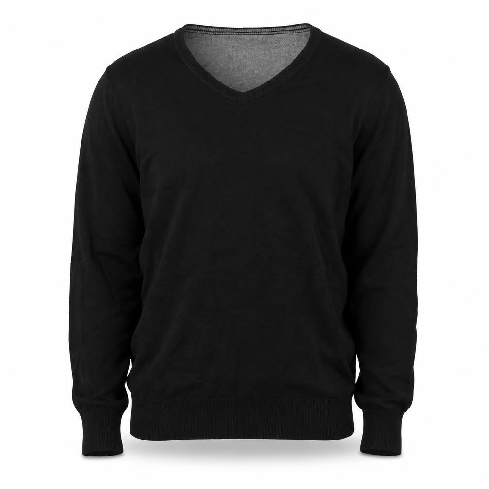 Front view of Tom Tailor men’s black v-neck cotton jumper, size M