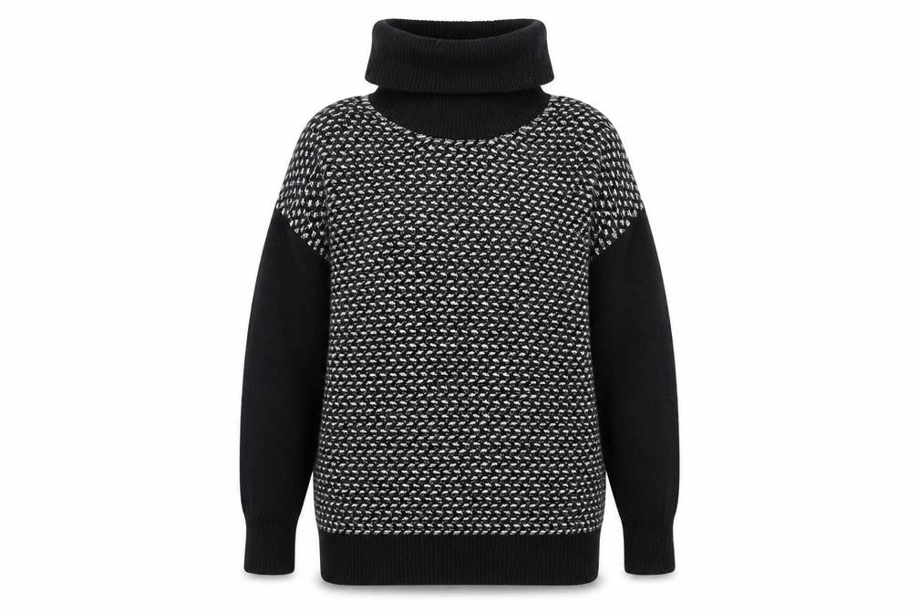 Front view of Wallis women’s black roll neck geometric acrylic jumper, size S