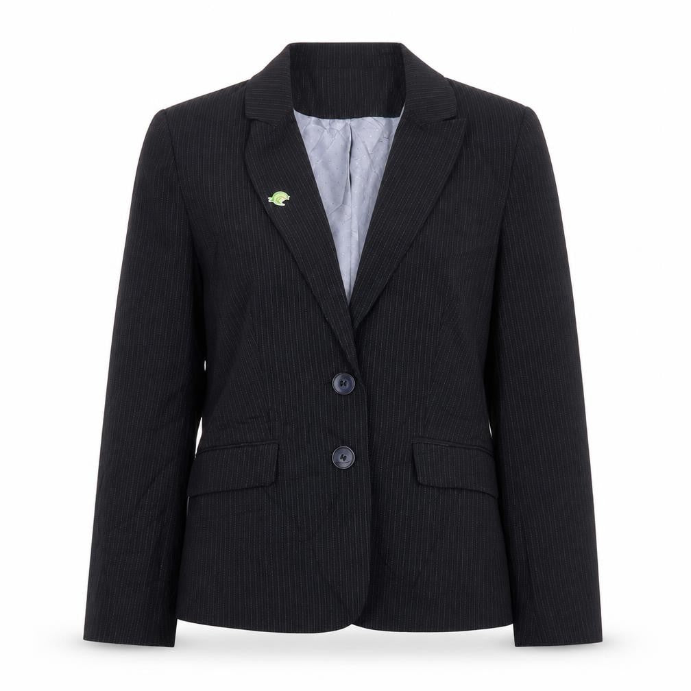 Front view of Debenhams women’s black striped polyester jacket suit jacket, size UK 10