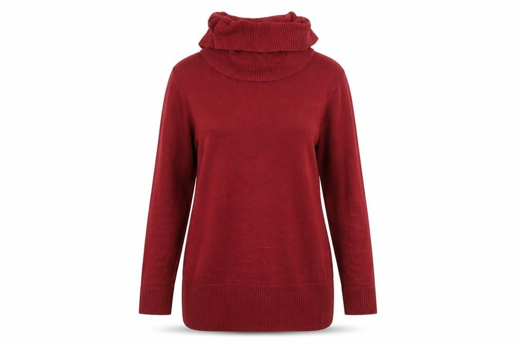 Front view of Papaya women’s red high neck acrylic jumper, size UK 14
