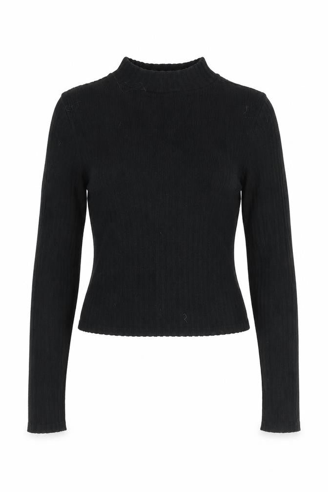 Front view of Stradivarius women’s black crew neck viscose jumper, size XS