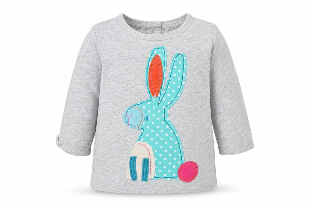 Front view of Next Baby Grey Cotton Basic T-Shirt, size 3-6, Months Crew Neck - Rabbit