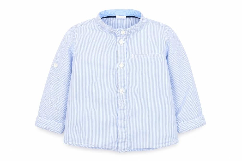 Front view of H&M boys’ blue striped polyester basic button-up, size 12, months round neck button