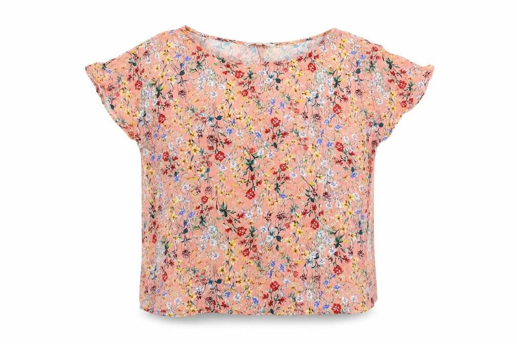 Front view of F&F women’s pink floral viscose basic blouse, size UK 10, round neck