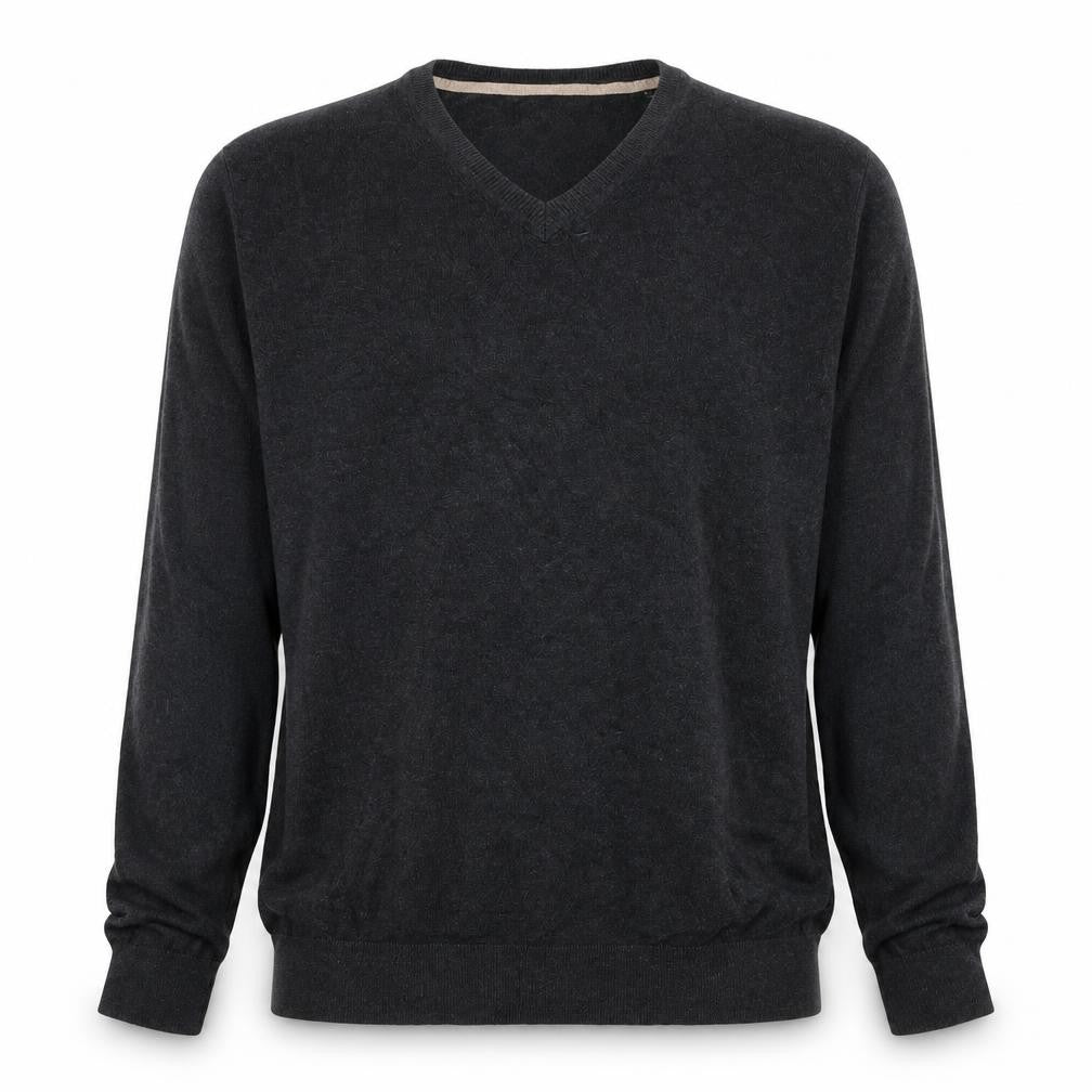 Front view of Burton men’s grey v-neck cotton jumper, size M