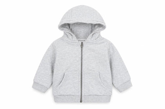 Front view of Marks & Spencer boys’ grey cotton full zip jumper, size 3-6, months zip
