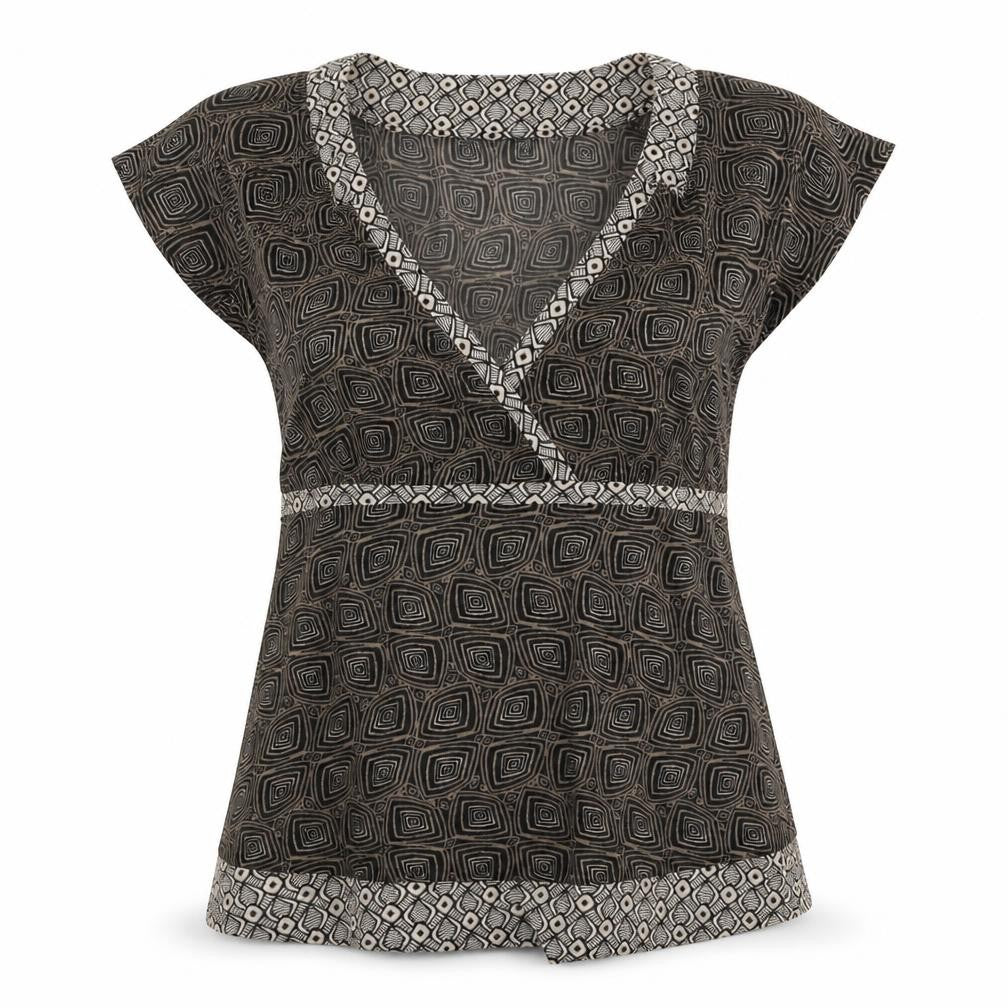 Front view of Mexx women’s brown geometric polyester basic blouse, size XL, v-neck