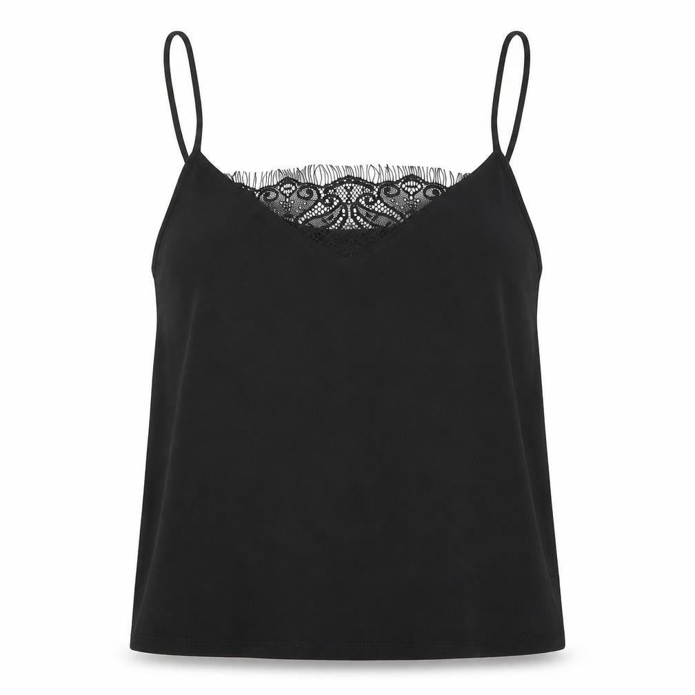 Front view of Preworn women’s black polyester camisole blouse, size M, v-neck