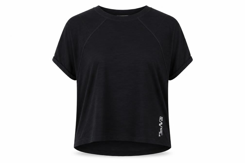 Front view of River Island women’s black polyester jersey t-shirt, size S, round neck pullover