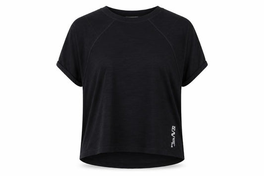 Front view of River Island women’s black polyester jersey t-shirt, size S, round neck pullover