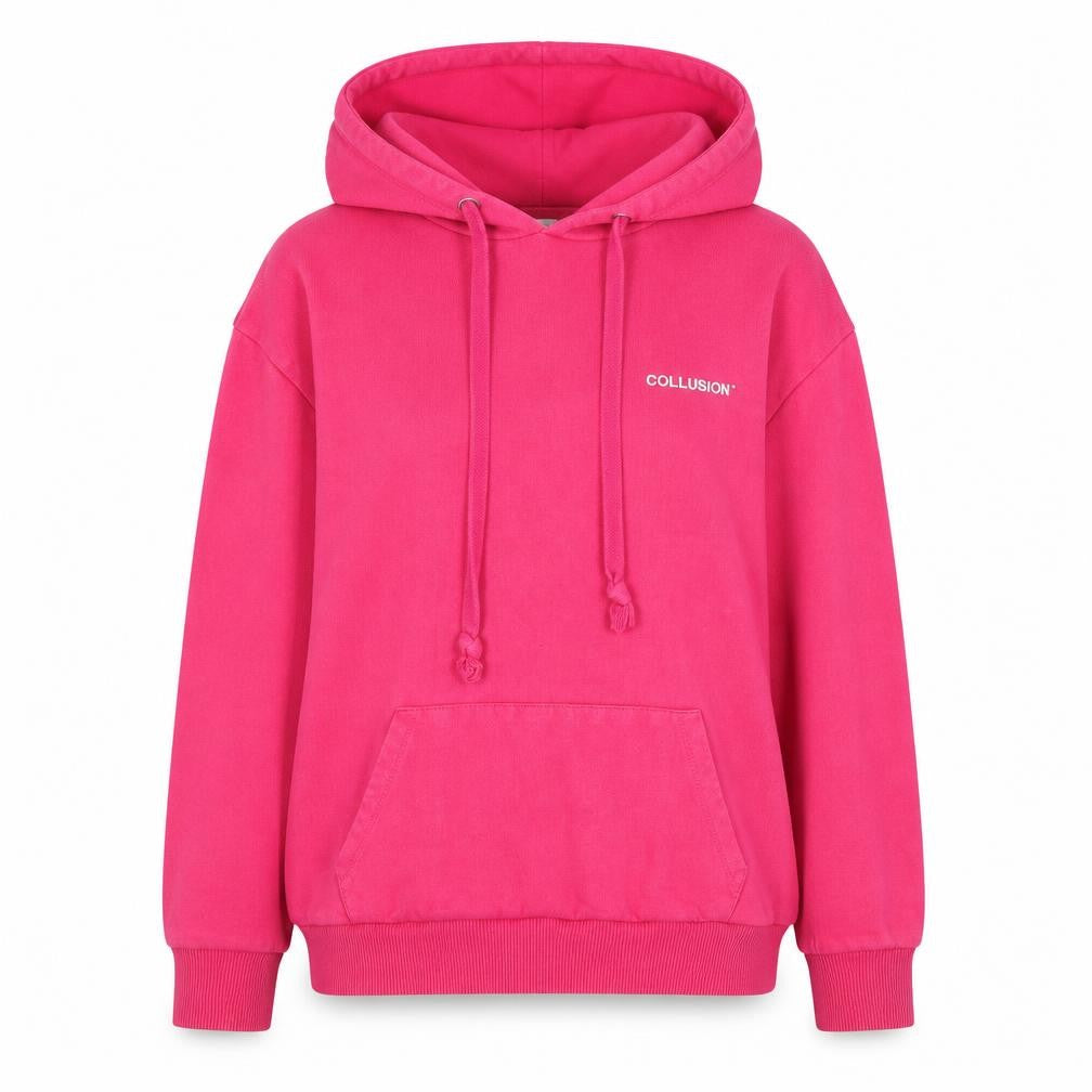 Front view of Collusion women’s pink 100% cotton pullover hoodie, size XS, pullover