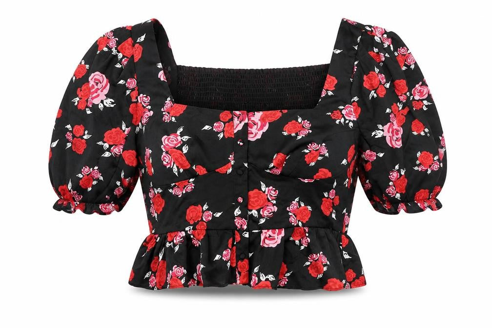 Front view of Savida women’s multicoloured floral polyester cropped blouse, size XL, square neck