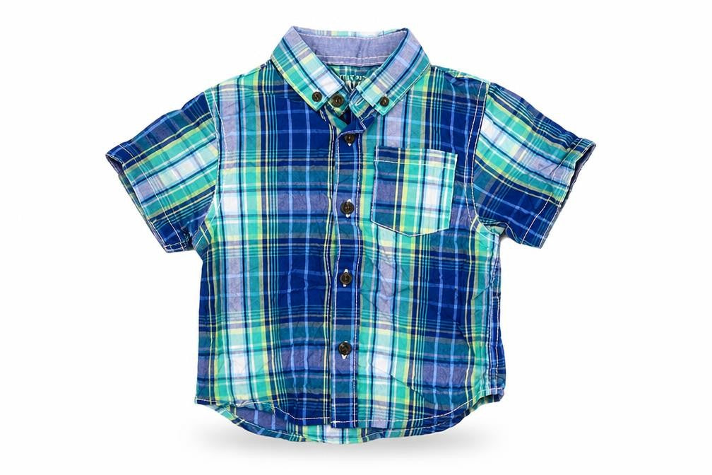 Front view of Rebel boys’ multicoloured plaid 100% cotton basic dress shirt, size 18-24, months collared button