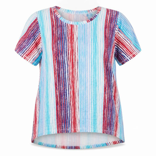 Front view of Lee women’s multicoloured striped polyester jersey blouse, size XL, round neck