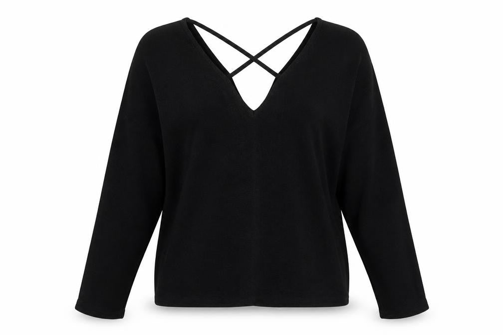 Front view of River Island women’s black v-neck polyester jumper, size UK 8, - cold shoulder