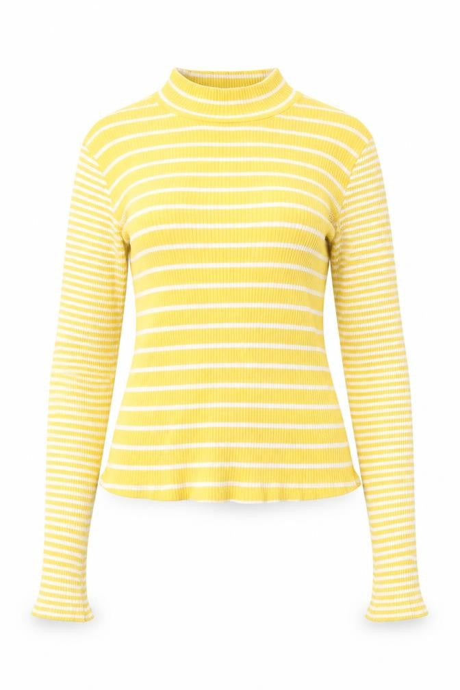 Front view of Glamorous women’s yellow round neck striped cotton jumper, size UK 14
