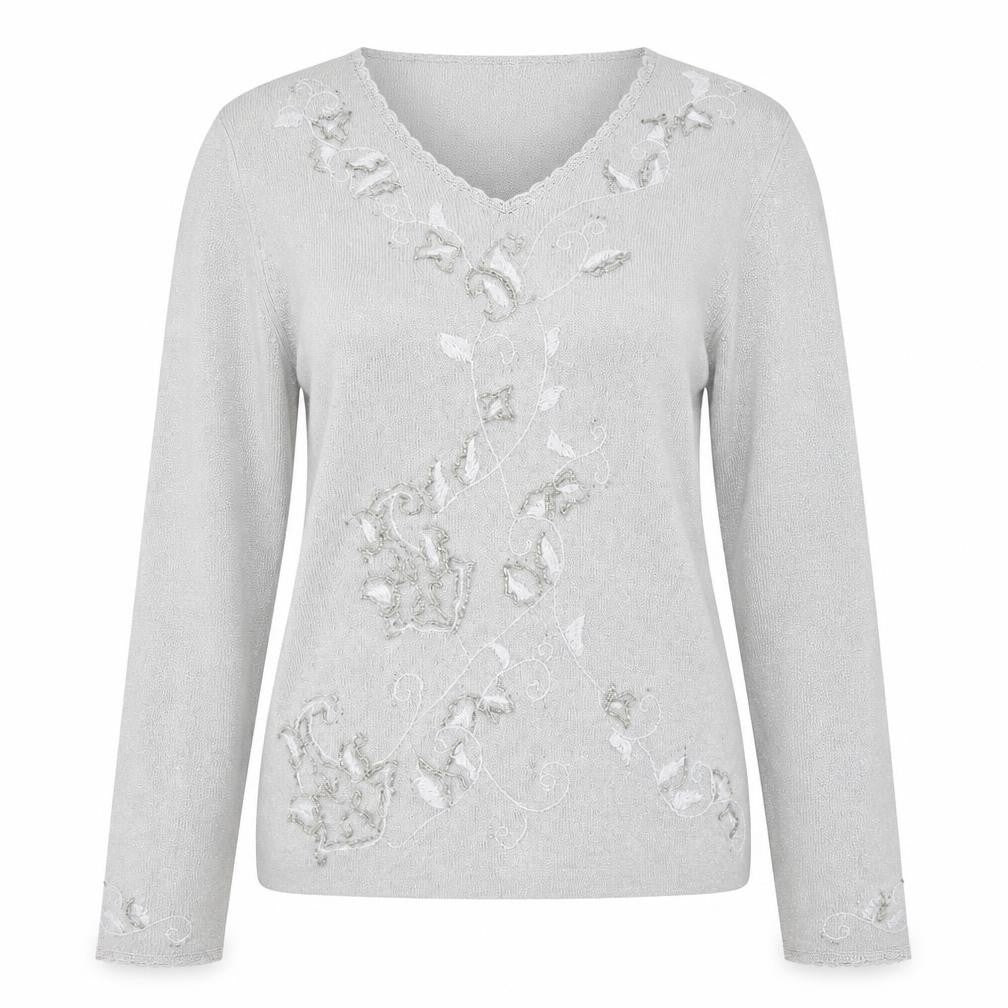 Front view of St Michael women’s silver v-neck polyester jumper, size M